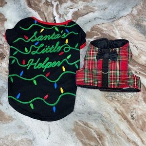 Simply Dog CHRISTMAS Outfits - Plaid Vest & Bow Tie, Santa's Helper Tee Small